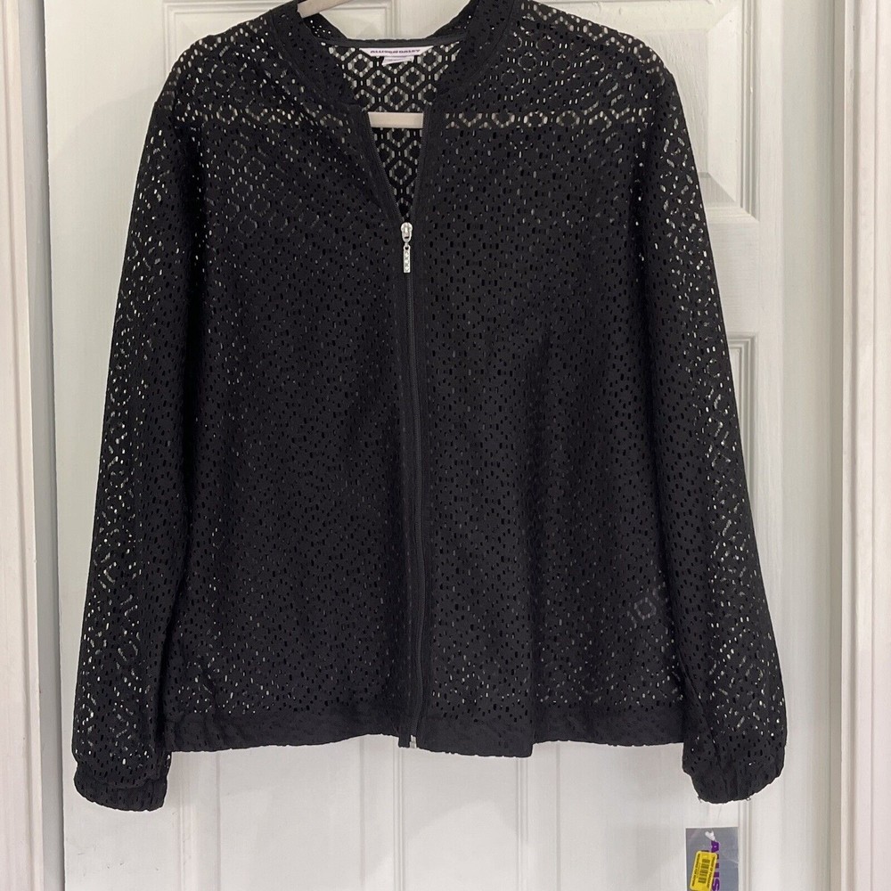 Allison Daley Womens Sz 14 Black Lace Jewel Tan Zip Up Cafe Jacket Lightweight